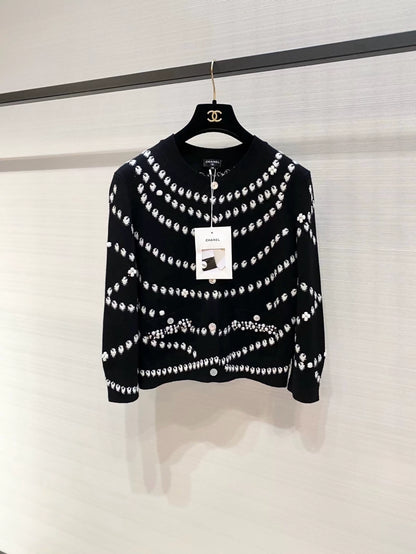 Chanel 25p black pearl wool knit cardigan