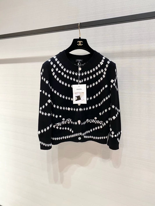 Chanel 25p black pearl wool knit cardigan