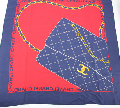 Chanel 100% Silk Navy Red Bag Pattern Scarf
