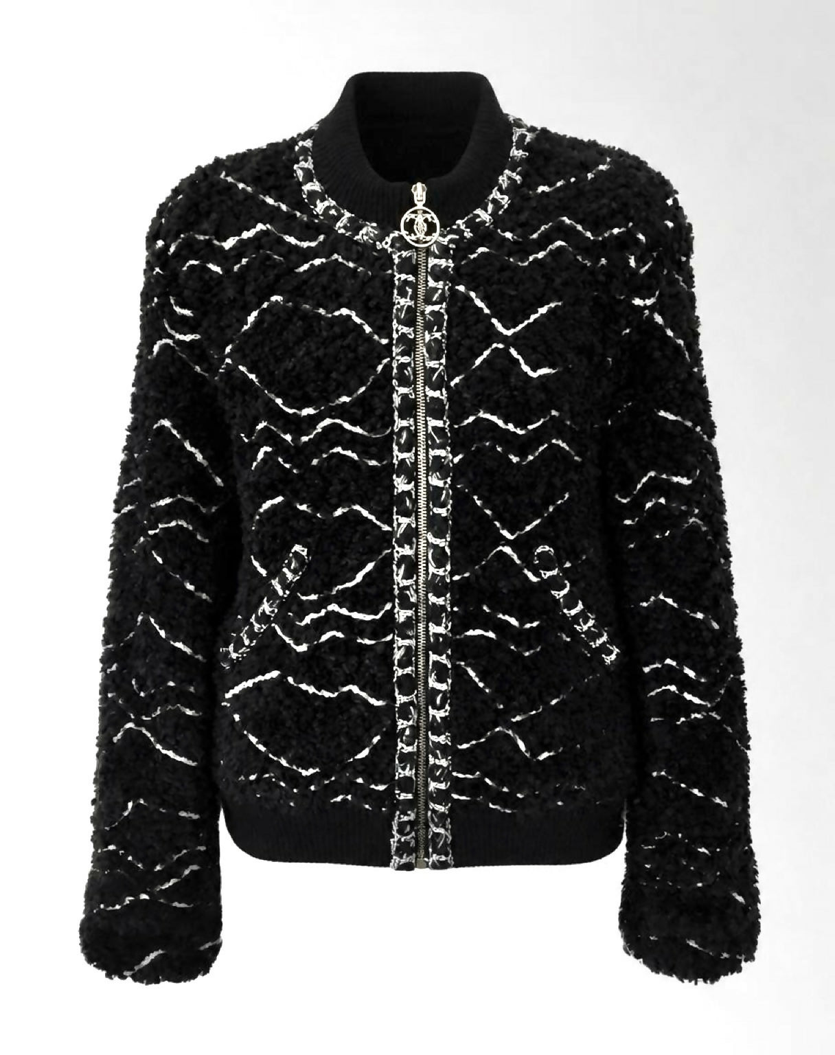 Chanel 19B Black Fuzzy Alpaca CC Zipper Bomber Jacket Coat FR 36
