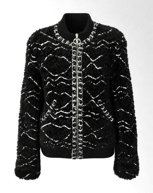 Chanel 19B Black Fuzzy Alpaca CC Zipper Bomber Jacket Coat FR 36