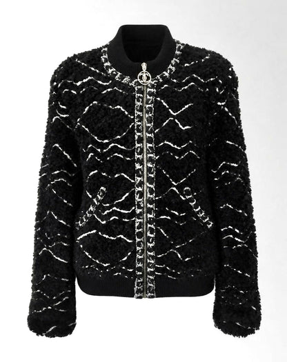 Chanel 19B Black Fuzzy Alpaca CC Zipper Bomber Jacket Coat FR 36