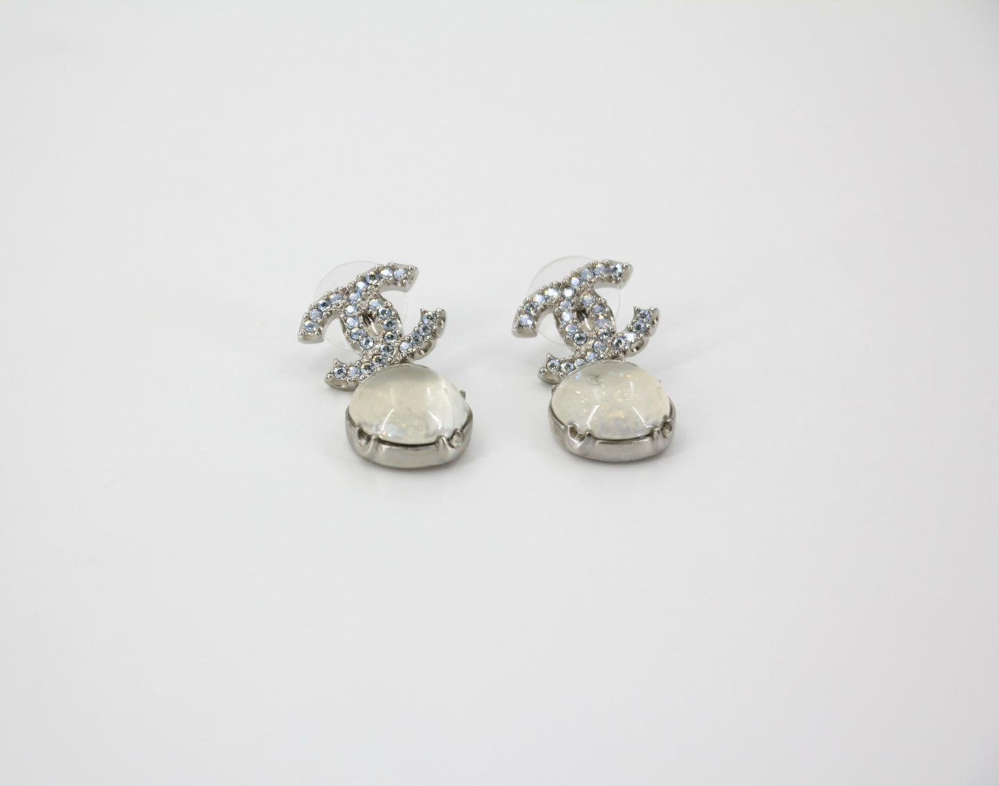 Chanel 17K Rhinestone Semi-transparent Round Pendant CC Stud Earrings