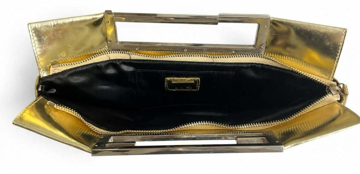 Rare Vintage Fendi 2007 Limited Edition Metallic Gold Patent Leather Crossword Clutch Bag