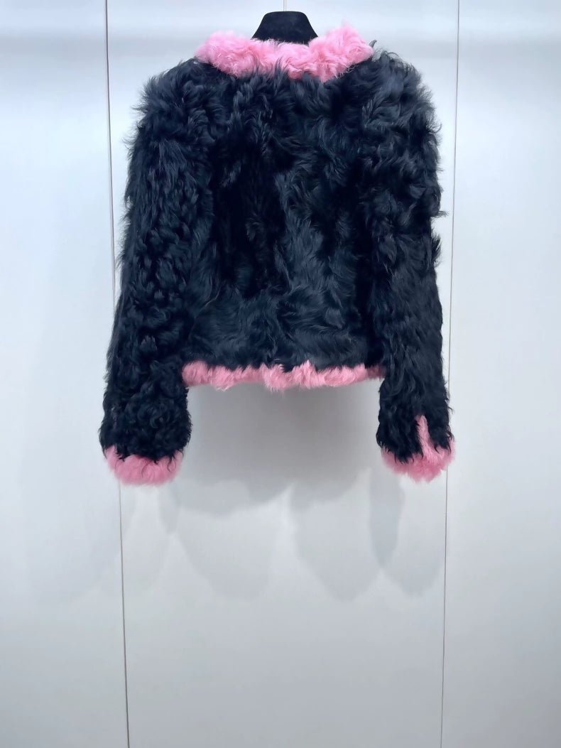 Chanel 21K black & pink shearling fur jacket