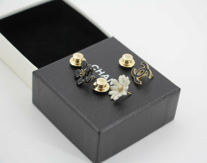 Chanel Vintage 10P Enamel Black Flower CC and White Chrysanthemum Brooch