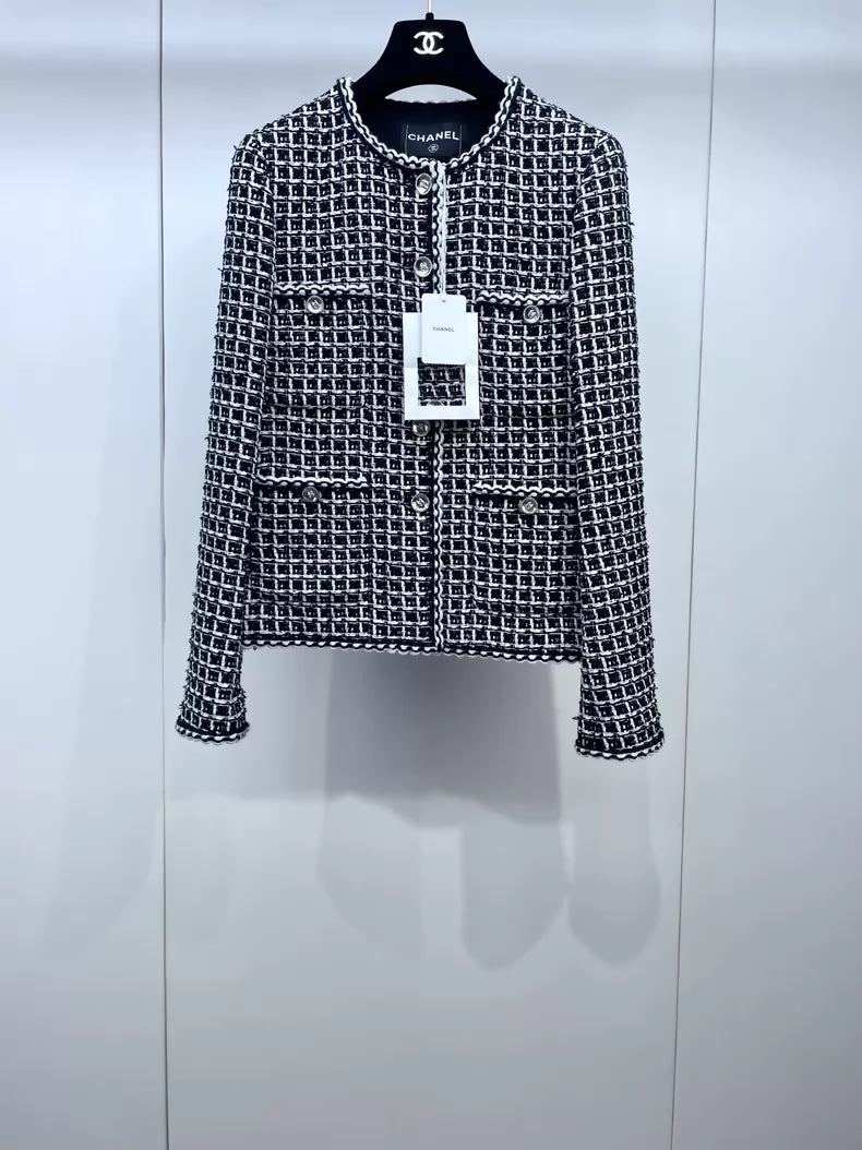 Chanel 25C black and white checkered tweed jacket