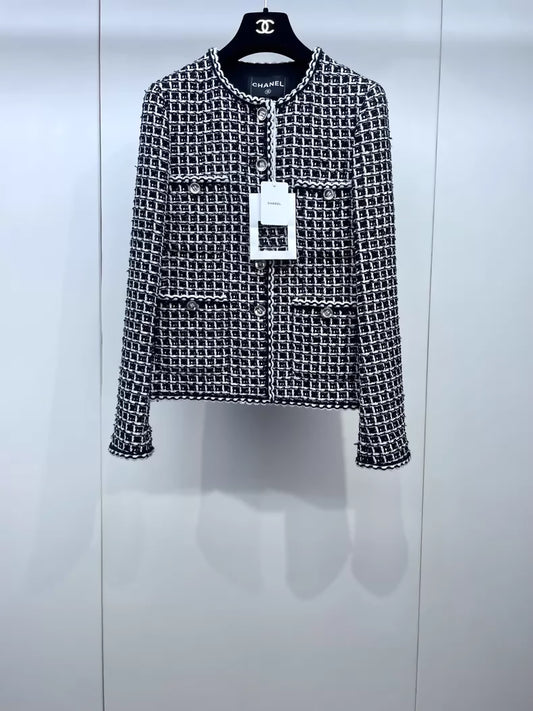 Chanel 25C black and white checkered tweed jacket