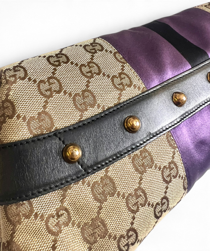 Gucci Large 1955 Tom Ford Classic Purple Black GG Monogram Horsebit Clutch Handbag Gold hardware
