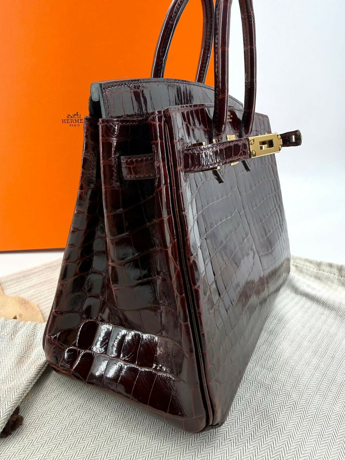 Hermes Birkin 25 Bordeaux Crocodile Leather Handbag with Gold hardware