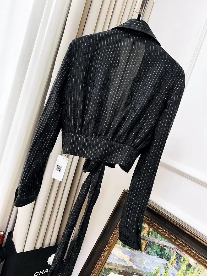 Chanel 23p Black Double C Striped Tie-Waist Shirt