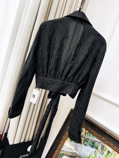 Chanel 23p Black Double C Striped Tie-Waist Shirt