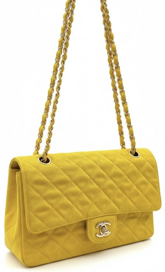 Vintage Chanel 1992 Yellow Denim Medium Classic Flap Bag 24K Gold Hardware