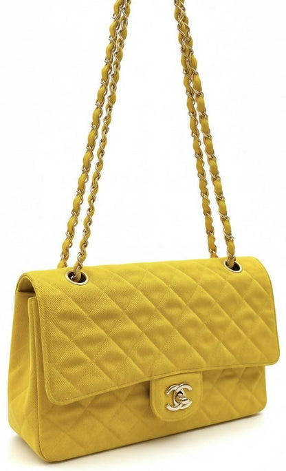 Vintage Chanel 1992 Yellow Denim Medium Classic Flap Bag 24K Gold Hardware