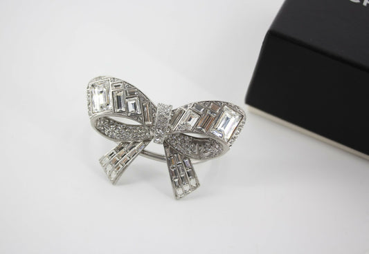 Chanel Vintage 08P Rhinestone Spring Silver Bow Brooch