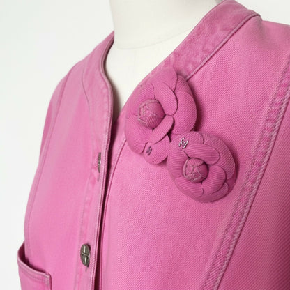 Iconic Chanel 21S Neon Pink Denim Camellia Jacket FR 36