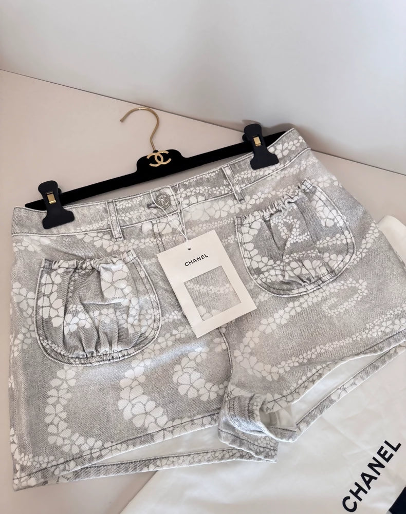 Chanel 25M Grey Pearl Denim Shorts