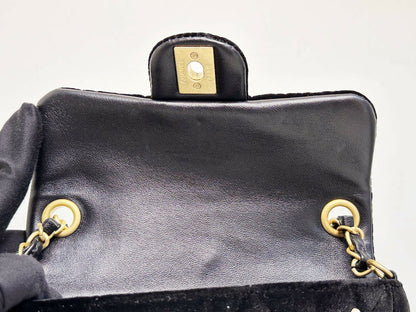 Chanel 2022 Mini Flap Bag in Black Velvet with Pearls and Gold Hardware