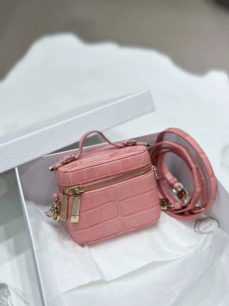 Dior Super Mini Lady Vanity Nude Pink Matte alligator Box Makeup Bag