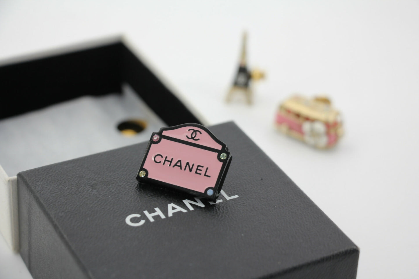 Chanel 06C Metal Pink Bus Eiffel Tower and Pink Bag Trio Brooch Set