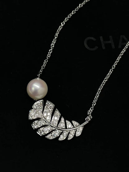 Chanel Silver Diamond Feather Pearl Necklace