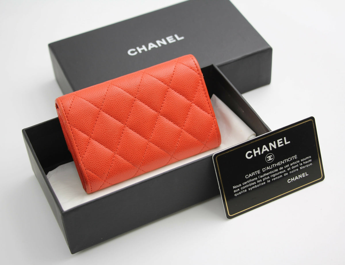 Chanel 2016 Authentic Caviar Quilted Orange Red Flap Card Holder Leather Wallet