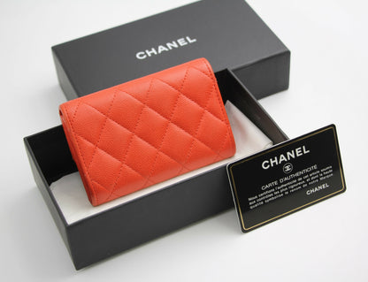 Chanel 2016 Authentic Caviar Quilted Orange Red Flap Card Holder Leather Wallet