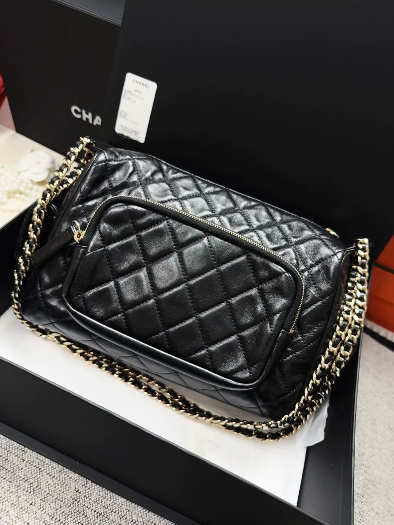 Chanel 24K Black Sheepskin Diamond Pattern Large Size Chain Bag