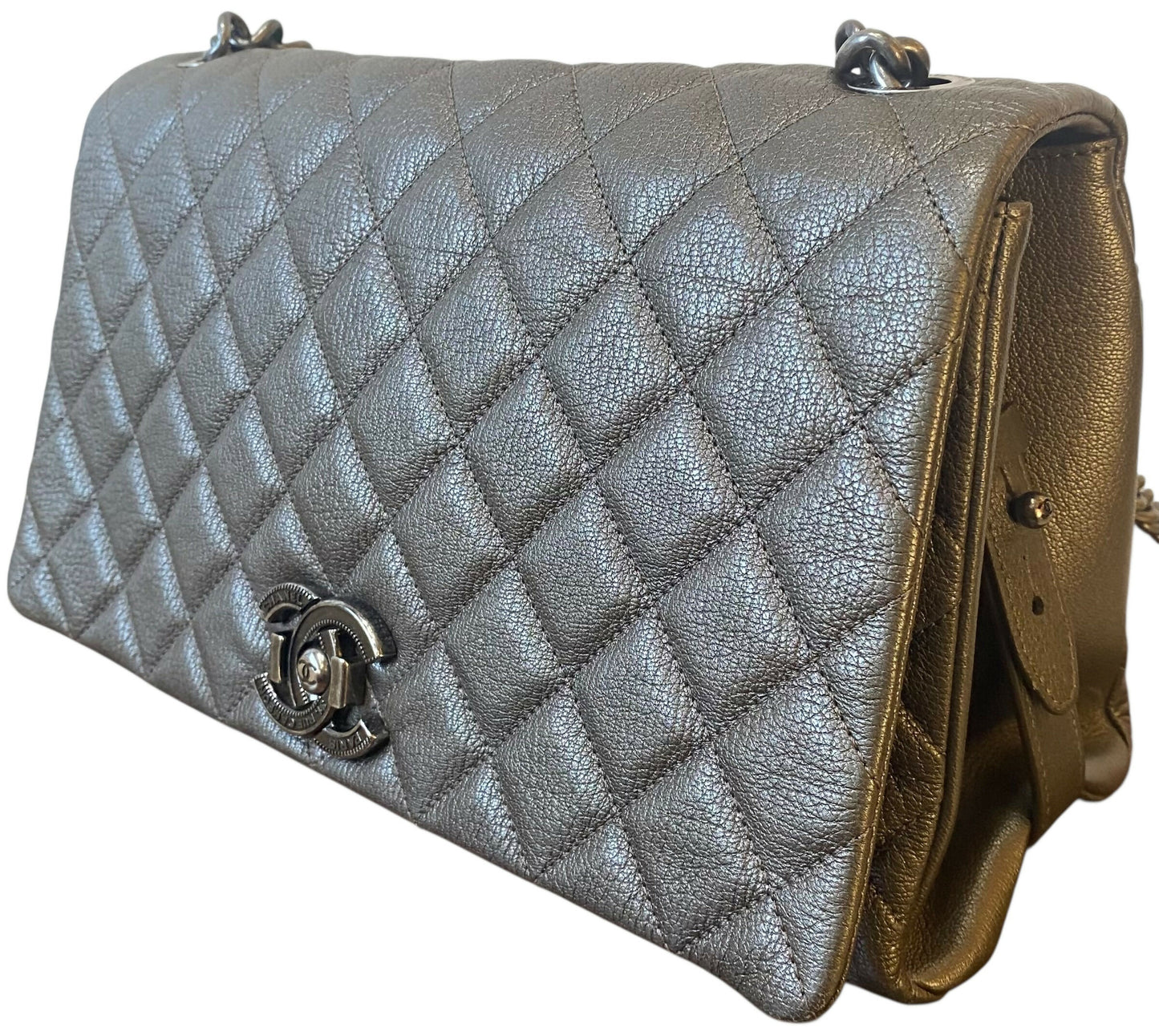 Chanel City Rock Large Dark Grey Metallic Quilted Goatskin Flap Bag