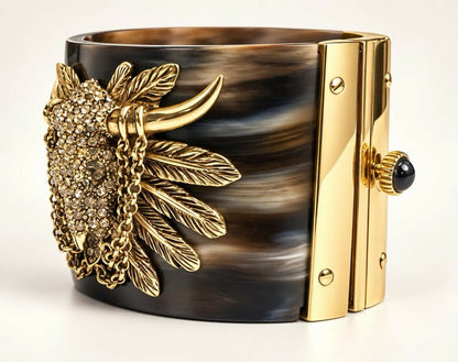 Vintage Roberto Cavalli Brown Western BullHead Chain Bracelet Cuff