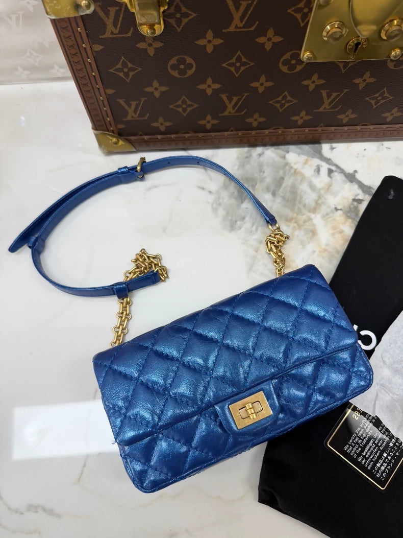 Chanel 2.55 Blue and Gold Vintage Pleated Leather Chain Bag