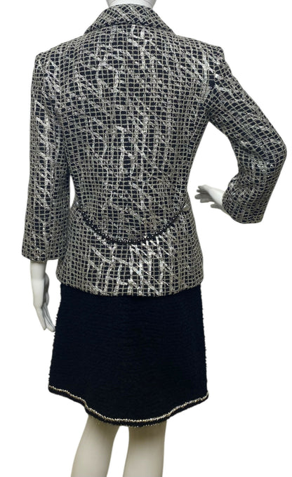 Chanel 12P Double Breasted Silver Metallic Graffiti Black Removable Pearls Jacket FR 36