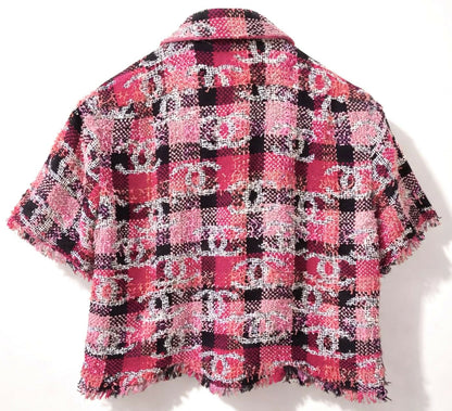 Chanel 22M Coco Beach CC Logo Pink Sequin Fantasy Tweed Blouse Vest FR 36