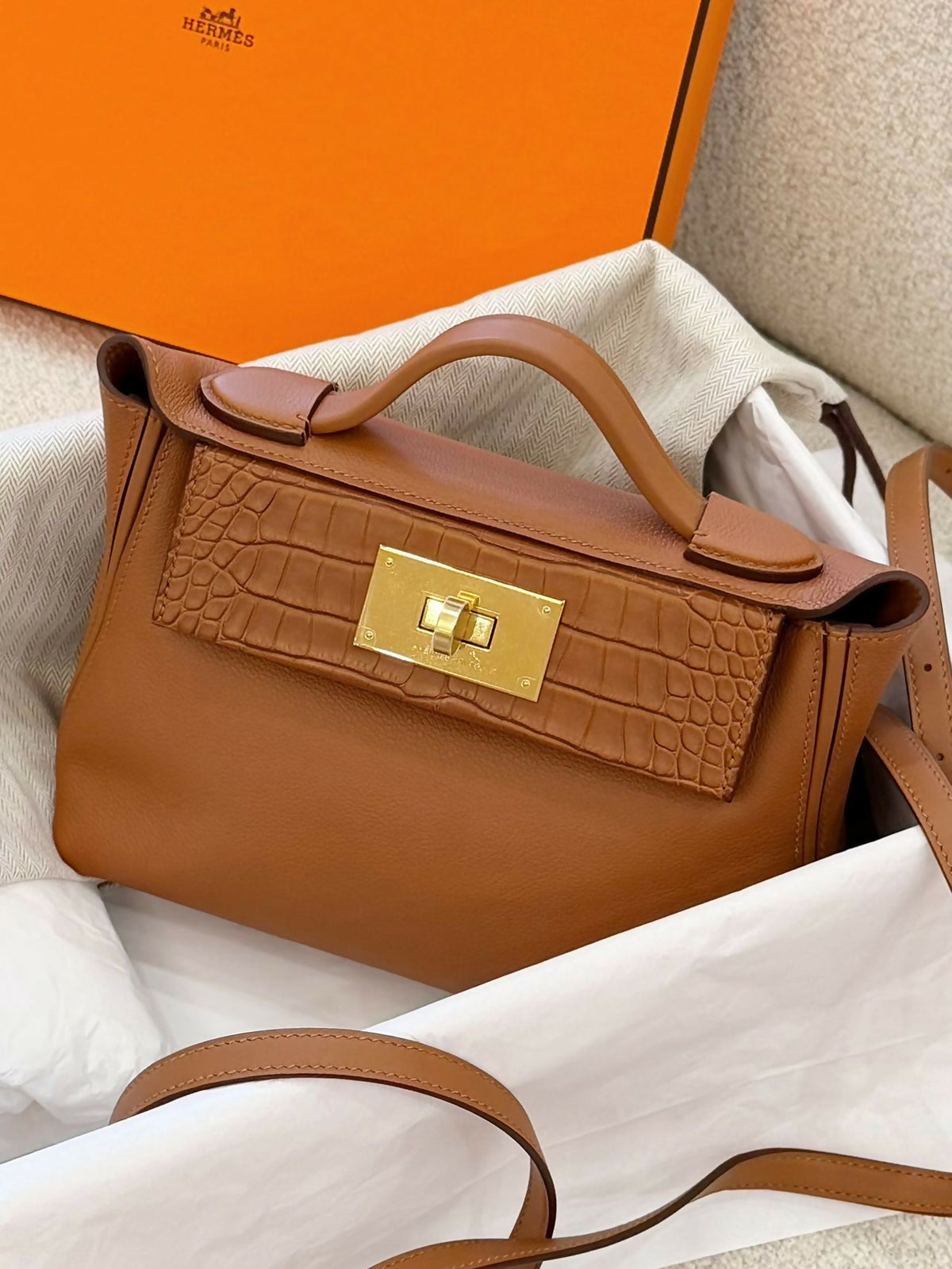 Hermès 24/24 Mini Gold Matte Crocodile Touch Leather with Gold Hardware W Stamp