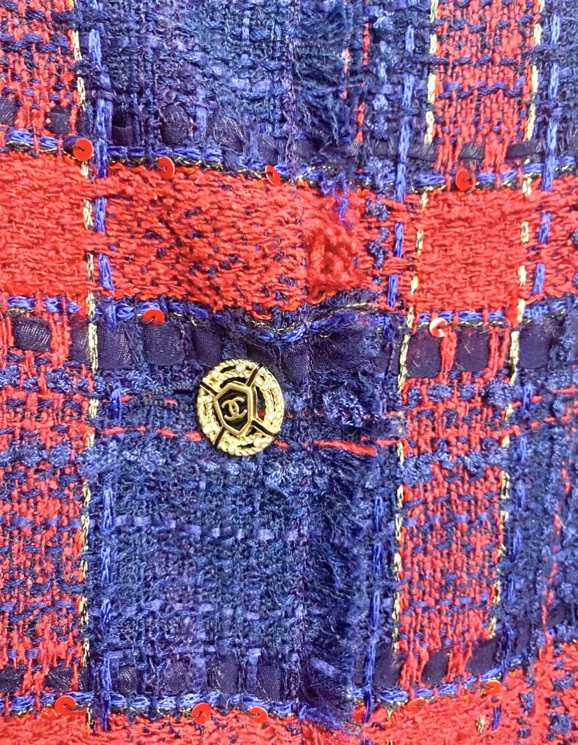 RARE CHANEL 08P RUNWAY BLUE RED GOLD CC MULTI CHAINS TWEED JACKET FR 44