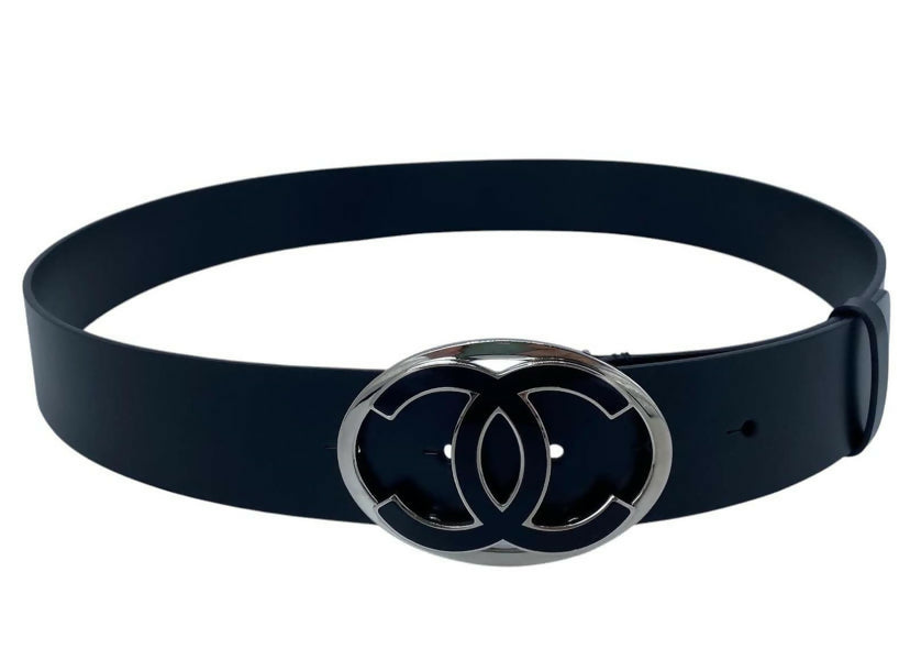 Chanel 2013 Black Silver Oval CC Leather Belt