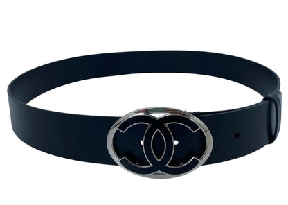 Chanel 2013 Black Silver Oval CC Leather Belt