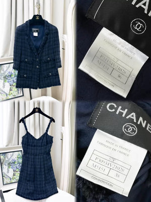 Chanel 07P blue-black plaid tweed jacket & dress set