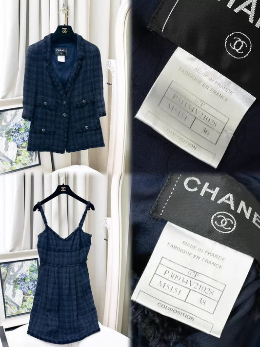 Chanel 07P blue-black plaid tweed jacket & dress set