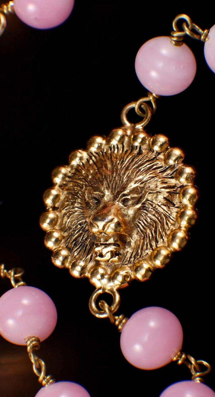 Chanel 1982 Pink Glass Gold Lion Head Long Necklace