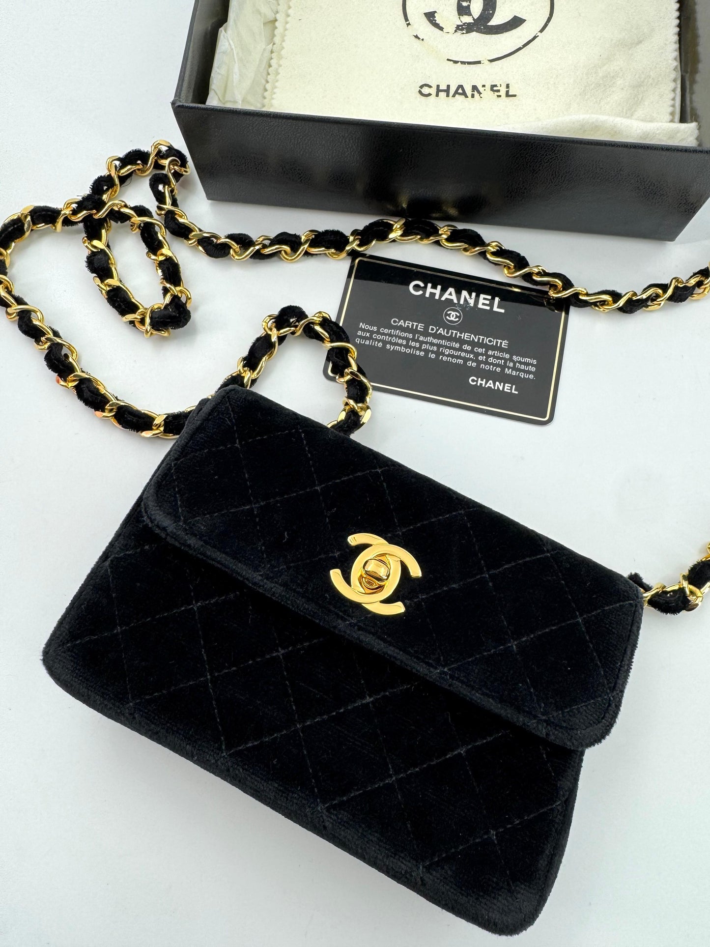 Chanel vintage Black velvet mini square flap bag with gold hardware