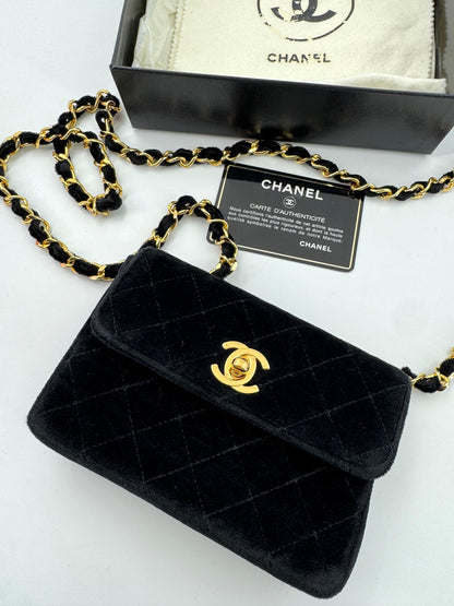 Chanel vintage Black velvet mini square flap bag with gold hardware