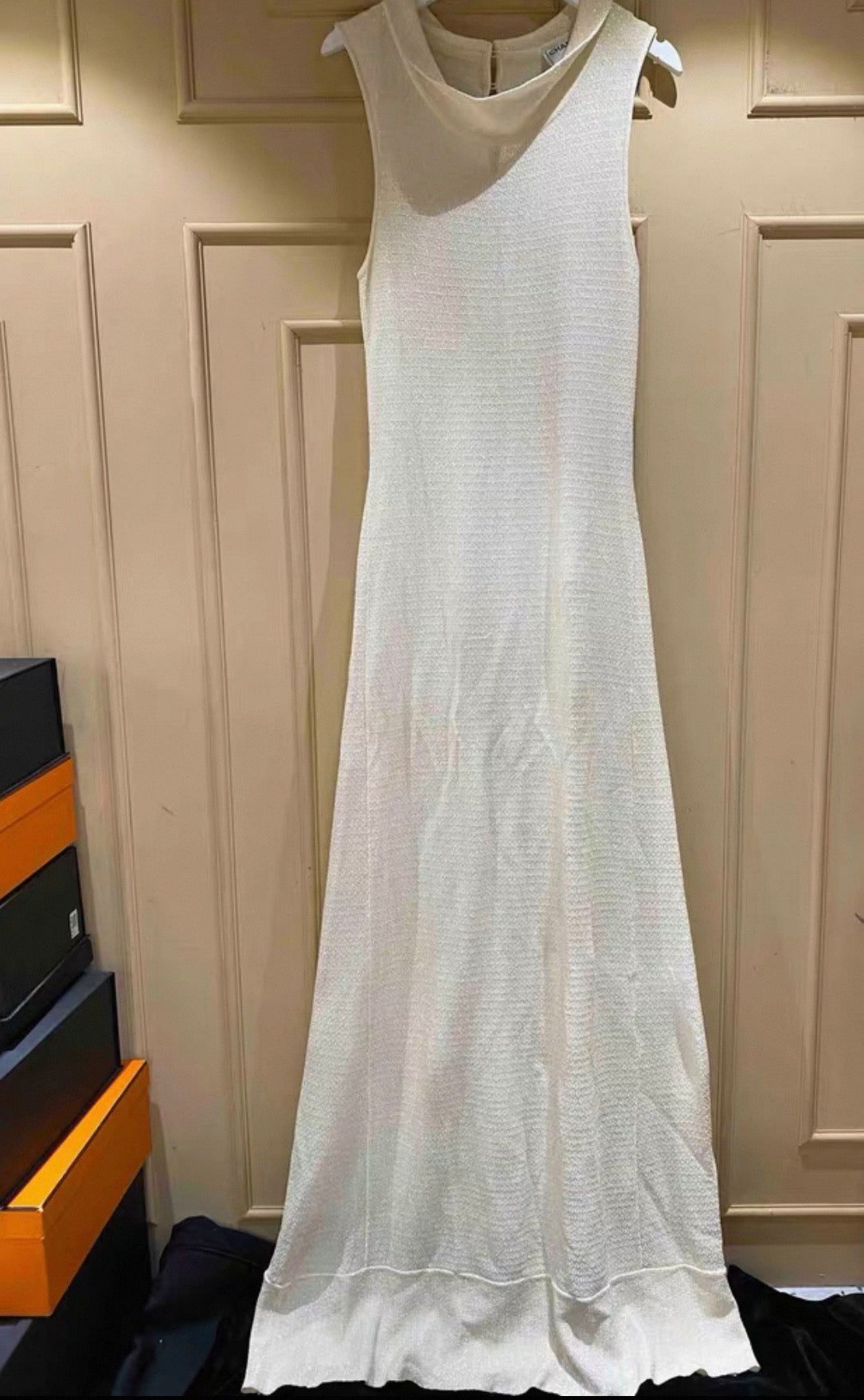 Chanel 99s White Sparkling Long Dress FR38