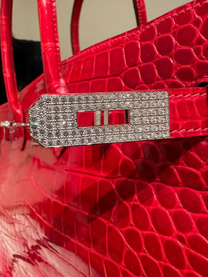 Hermès Birkin 35 Rouge Braise Shiny Porosus Crocodile 18K White Gold and Diamond Hardware