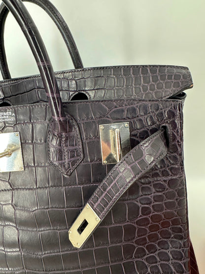 Hermes Birkin HAC 40 Matte Dark Purple Alligator Leather palladium hardware