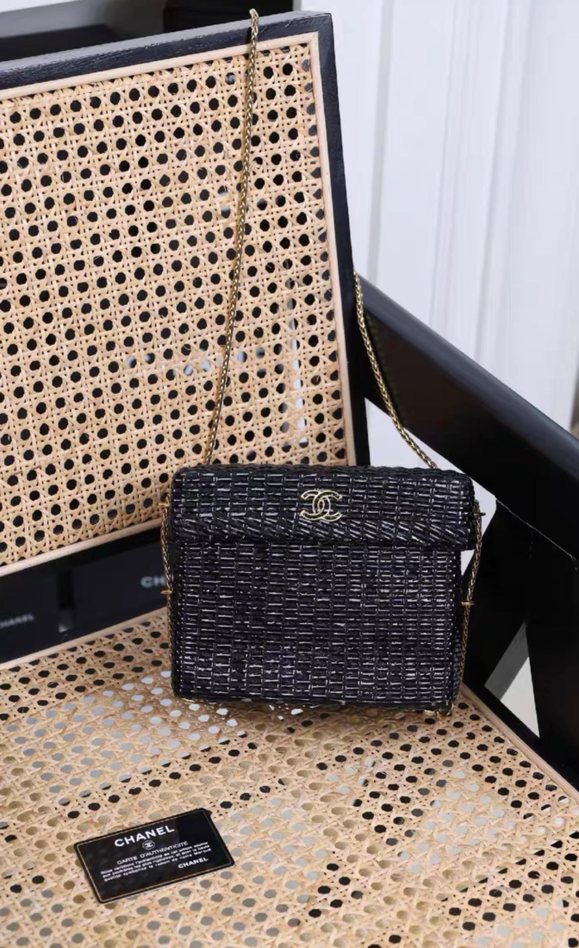 Chanel Vintage Black Wicker CC Picnic Lunch Basket Box Bag Gold Hardware