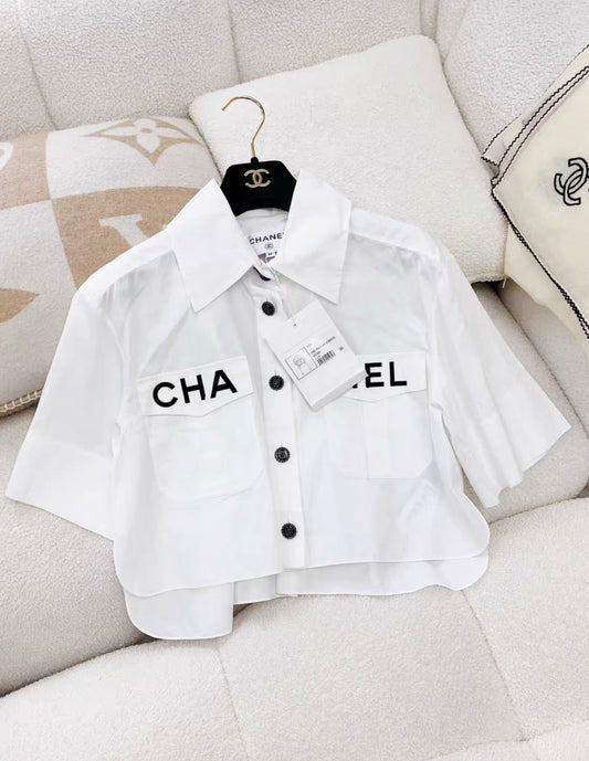 Chanel 19S LOGO CROP BLOUSE SHIRTS TOP IN WHITE size 36