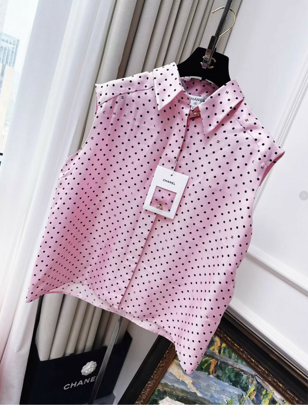 Chanel 24p pink polka dot shirt