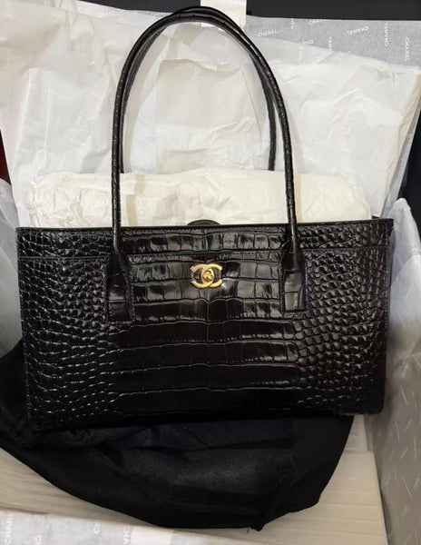 Chanel 26S Black shopping bag Crocodile embossed calfskin leather