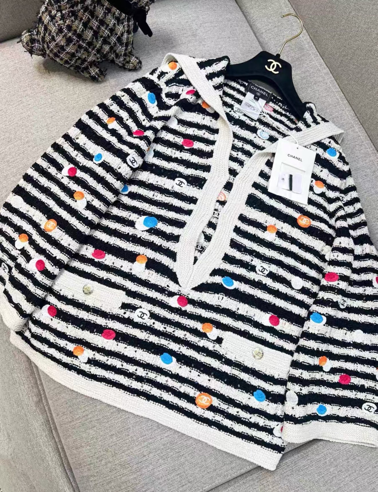 Chanel 24S black and white striped colorful polka dot navy collar knitted top